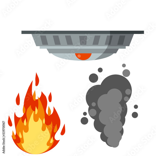 Fire safety. Set of items-Alarm siren ring, smoke sensor, flame. Dangerous situation. Accident protection. alert and problem. Cartoon flat illustration
