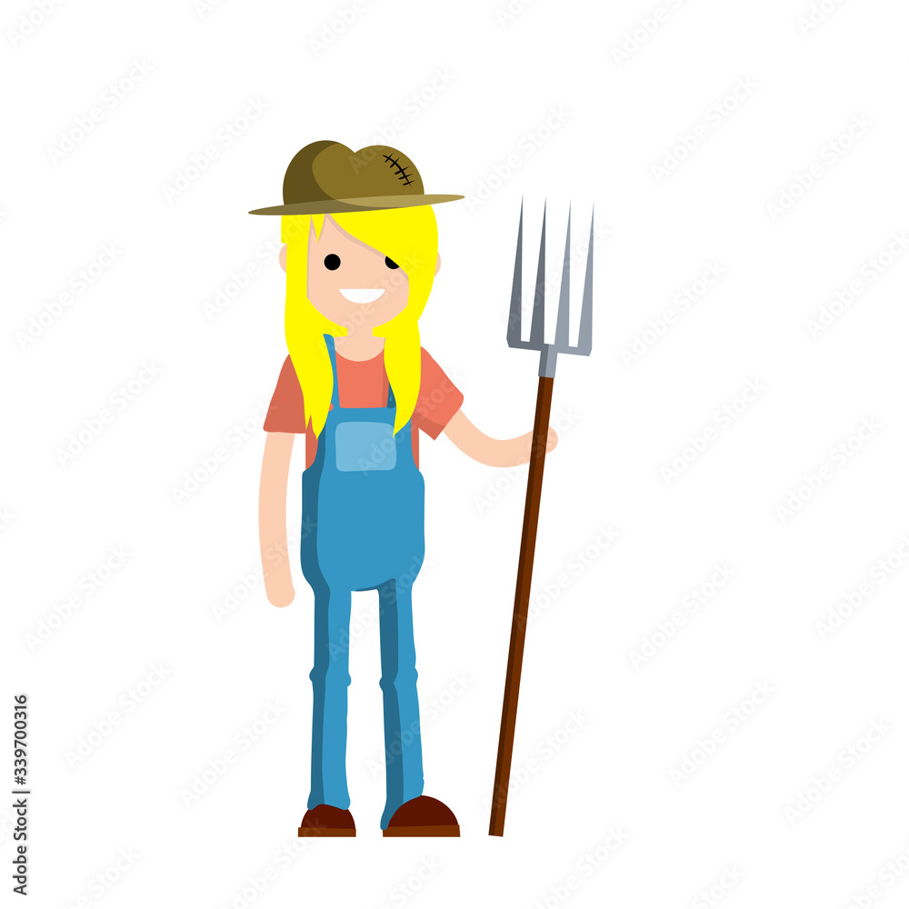 Woman farmer in overalls with fork in hands. Rural type of work. Production of natural food in the village. Girl with tools. Cartoon flat illustration Woman farmer in overalls with fork in hands. Rural type of work. Production of natural food in the village. Girl with tools. Cartoon flat illustration