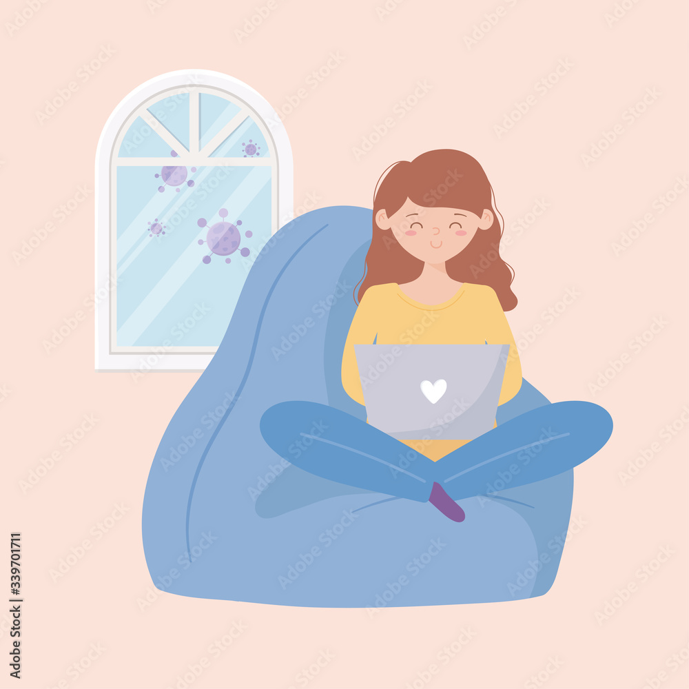 quarantine stay at home, woman using laptop sitting on chair cartoon quarantine stay at home, woman using laptop sitting on chair cartoon