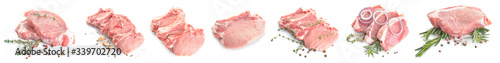 Raw pork meat with spices and herbs on white background