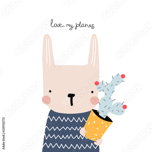 Cute bunny with cactus. Kids graphic. Vector hand drawn illustration.