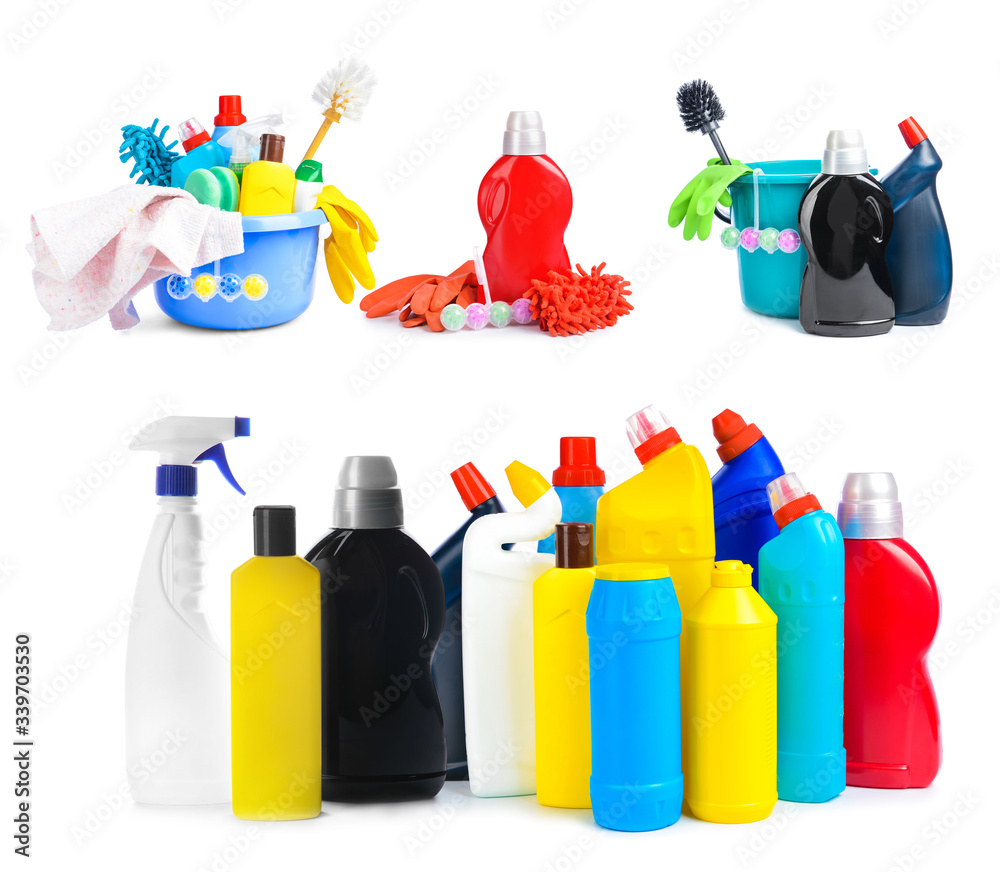 Set of cleaning supplies on white background Set of cleaning supplies on white background