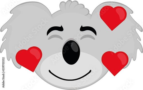 Vector illustration of a cartoon koala's face with hearts