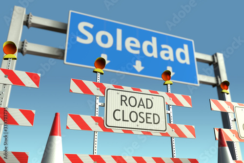 Roadblock near Soledad city road sign. Quarantine or lockdown in Colombia conceptual 3D rendering © Alexey Novikov