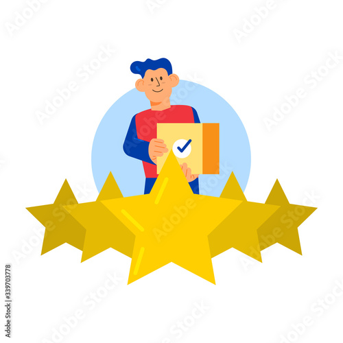 Delivery Service Rating Concept Delivery Guy with Box Flat Design Style Vector Illustration