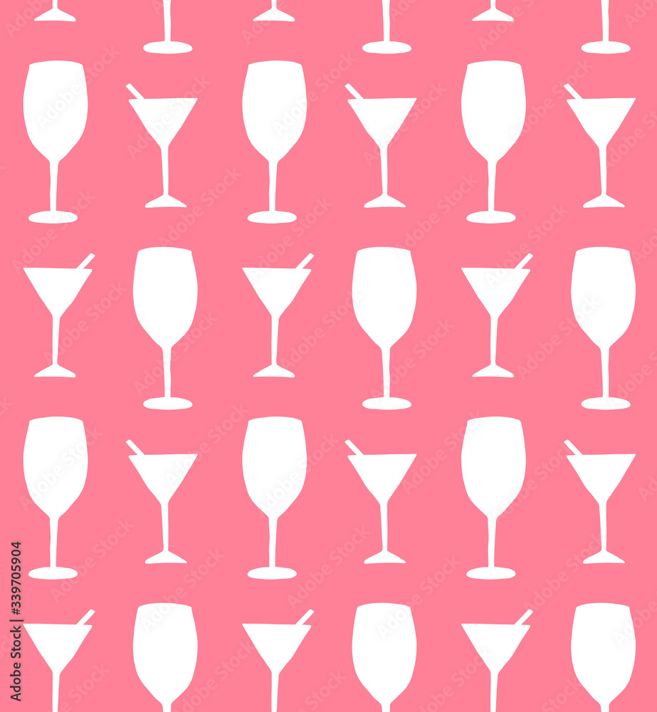 Vector seamless pattern of white sketch martini and wine glass silhouette isolated on pink background Vector seamless pattern of white sketch martini and wine glass silhouette isolated on pink background
