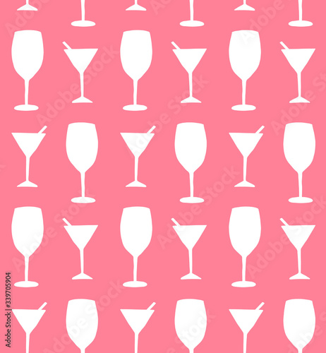 Vector seamless pattern of white sketch martini and wine glass silhouette isolated on pink background