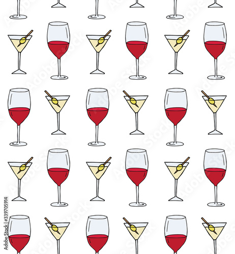 Vector seamless pattern of colored hand drawn doodle sketch martini and wine glass isolated on white background