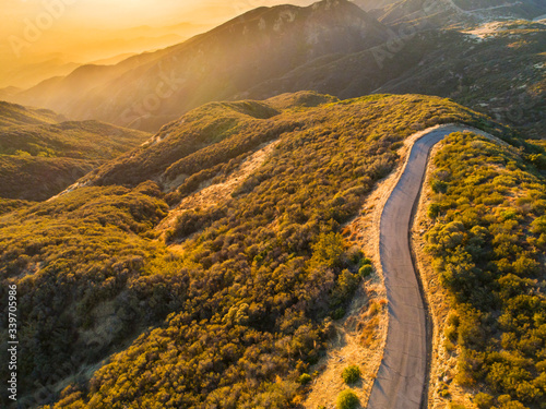 Aerial view of East Camino Cielo Road along the top of the Santa Ynez Mountains  at sunset , Santa Barbara, California