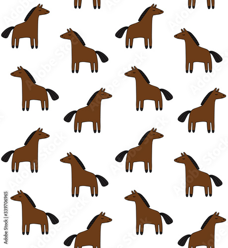 Vector seamless pattern of hand drawn doodle sketch bay brown horse isolated on white background