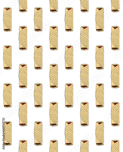 Vector seamless pattern of hand drawn doodle sketch colored shawarma isolated on white background