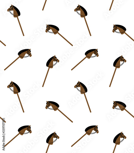 Vector seamless pattern of flat cartoon bay brown hobby horse toy isolated on white background