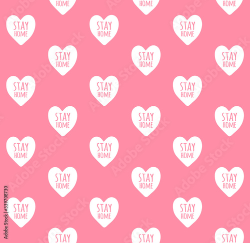 Vector seamless pattern of white hand drawn stay home lettering in heart isolated on pink background. Coronavirus pandemic self isolation print illustration