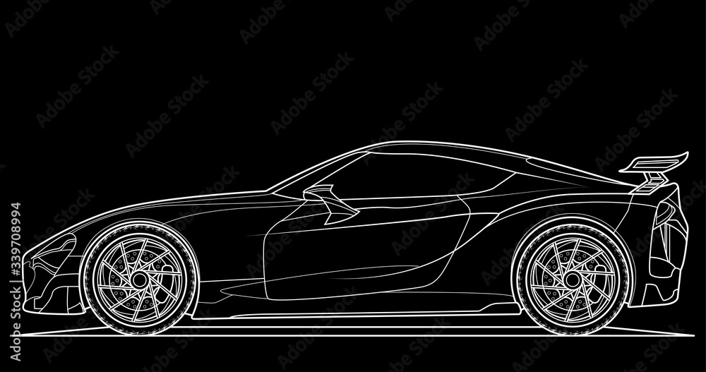 Adult line illustration page for book and drawing. Funny vector picture. High speed drive vehicle. Graphic element. Car wheel. White contour sketch illustrate Isolated on black background.