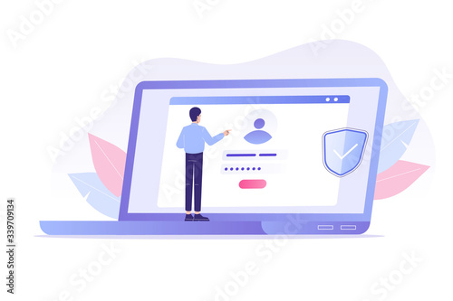 Online registration and sign up concept. Young man signing up or login to online account on laptop. User interface. Secure login and password. Vector illustration template for UI, mobile app, web 