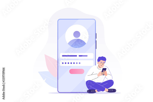 Online registration and sign up concept. Young man signing up or login to online account on smartphone app. User interface. Secure login and password. Vector illustration for UI, mobile app, web  photo