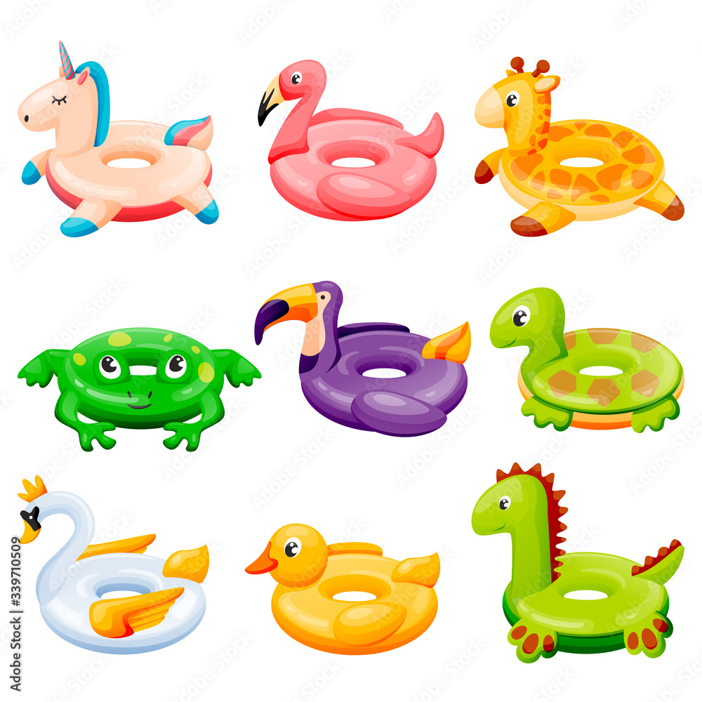 Naklejka premium Pool inflatable rings. Kids floating toys with animals and birds. Vector illustration. Summer beach leisure elements
