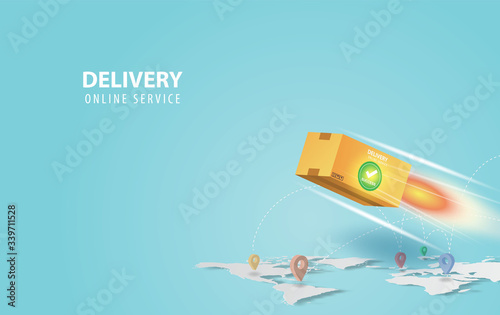 Online delivery concept idea.Fast respond delivery package shipping background.Online order tracking with world map location.Logistic delivery service.Mail delivery service and tracking Vector.EPS10