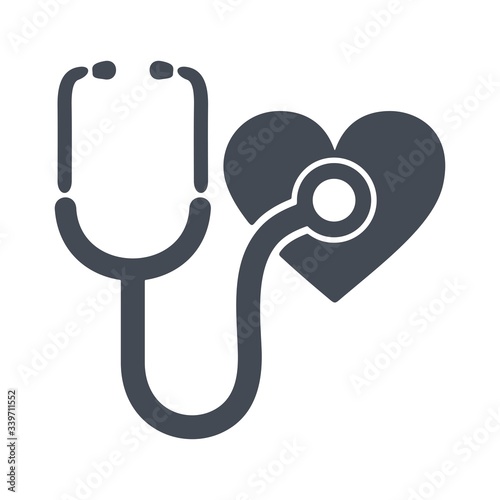 Stethoscope and heart symbol. Listening heartbeat. Heart rate measurement. Flat icon design for health concept.