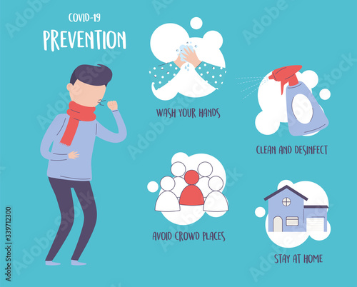 covid 19 pandemic infographic, prevention, man with cough, recommendations