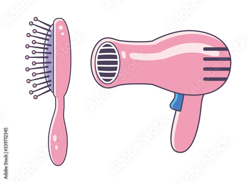 Pink hair dryer and hairbrush or comb icons isolated