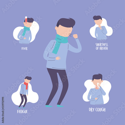 covid 19 pandemic infographic, fever fatigue shortness of breath coronavirus disease