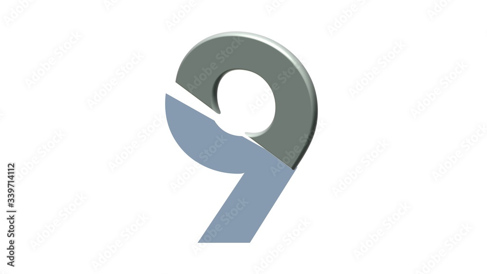 HALF 3D SILVER NUMBERS LETTERS WITH WHITE BACKGROUND : 9 NINE HALF 3D SILVER NUMBERS LETTERS WITH WHITE BACKGROUND : 9 NINE