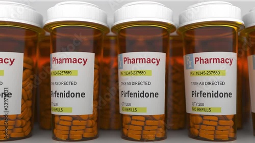 Pharmacy bottles with pirfenidone generic drug pills as a possible coronavirus disease treatment. Loopable 3D animation photo