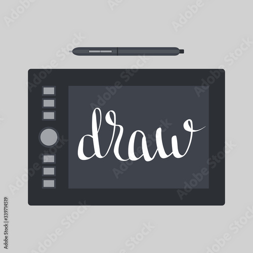 Pen tablet and stylus illustration. Hand lettering "Draw"