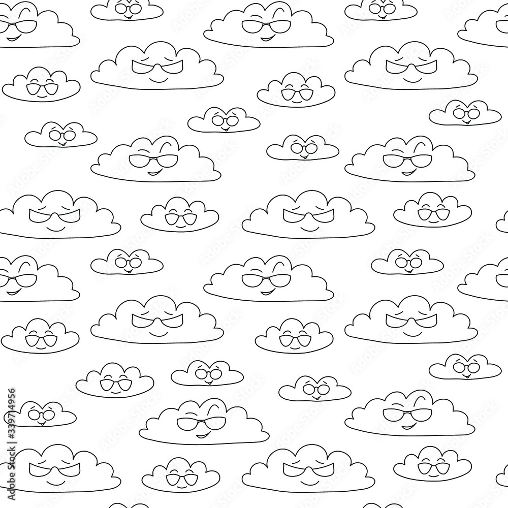 Fototapeta premium Funny cartoon clouds in glasses: transparent seamless pattern, background, wallpaper design. Vector graphics.
