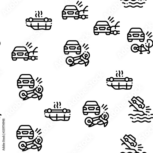 Car Crash Accident Seamless Pattern Vector Thin Line. Illustrations