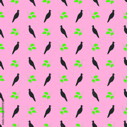 Black sillhouettes of sitting birds and green leaves on background: seamless pattern, wallpaper design, textile print. Vector graphics.