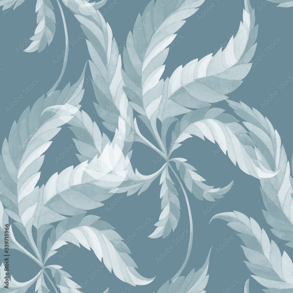 Seamless watercolor pattern of hemp leaves. Gray, laconic background.