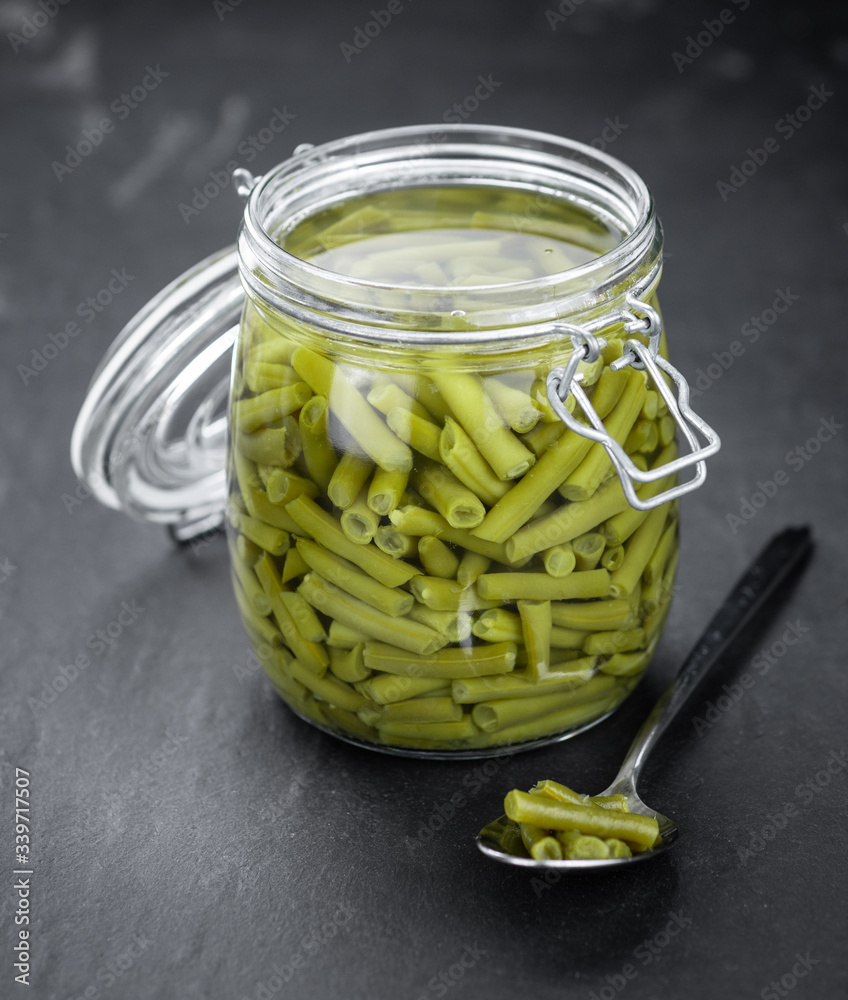 Canned Green Beans (close-up shot; selective focus) Canned Green Beans (close-up shot; selective focus)