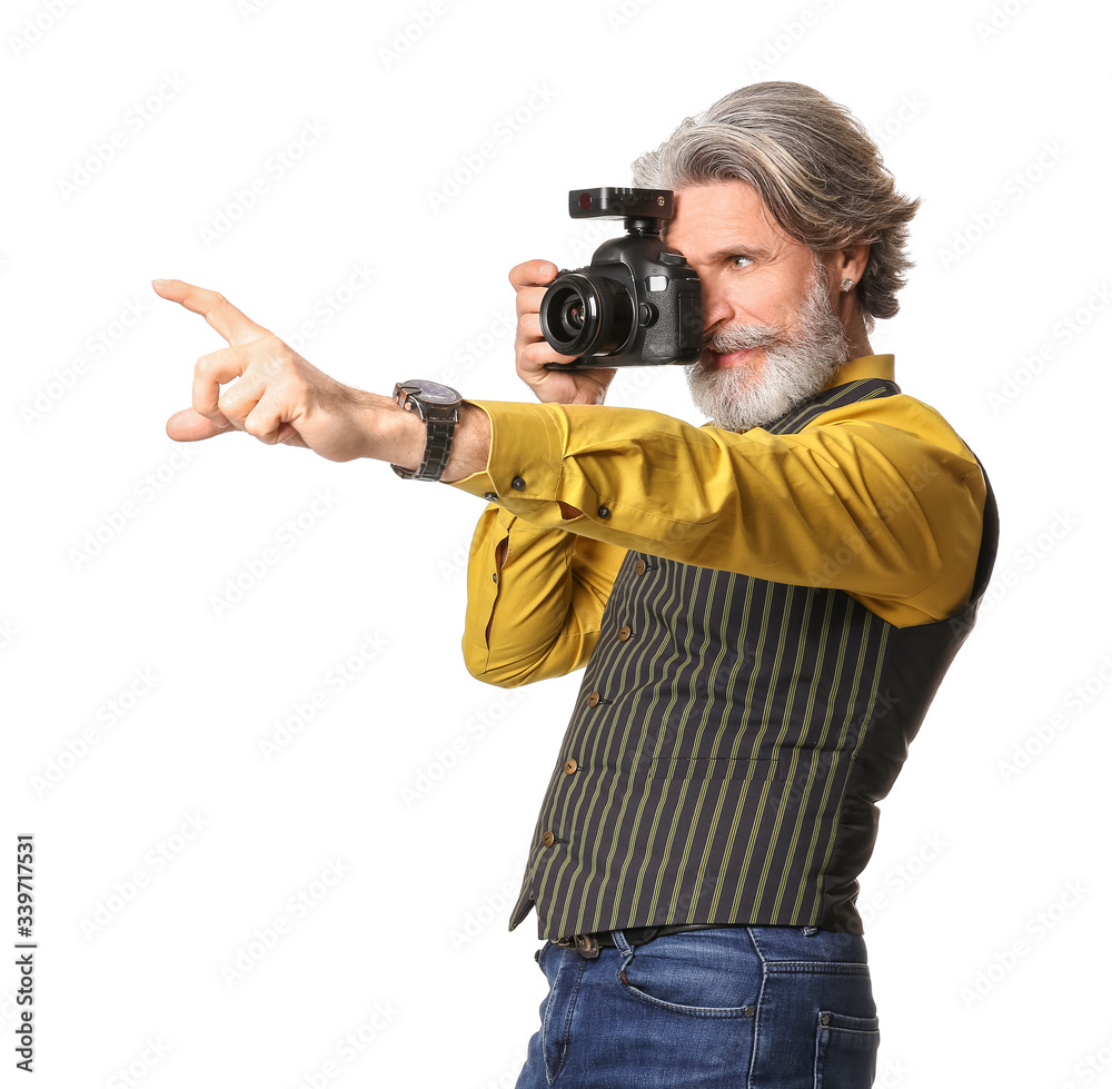 Handsome senior photographer on white background Handsome senior photographer on white background