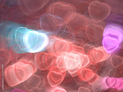 Abstract Illustration - Glowing Pink Hearts, soft shapes blurred background. Magical fantasy background image, vibrant transparent glowing shapes. Colored hearts, digital artwork, random
