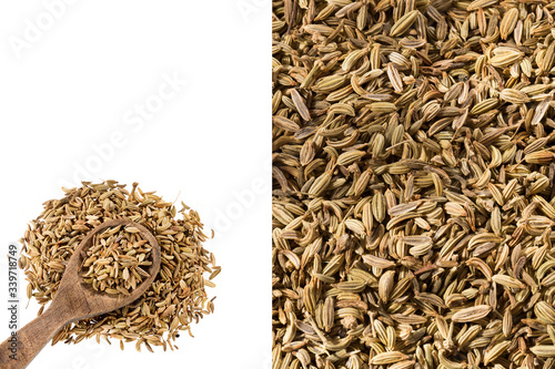 Foeniculum vulgare - Dry organic fennel seeds. Text space photo