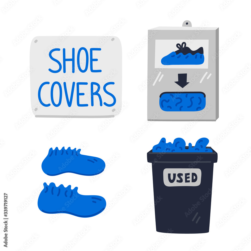Shoe covers. Shoe covers station, wall sign, dispenser box and container for used. Hospital equipment. Simple flat style vector illustration. Shoe covers. Shoe covers station, wall sign, dispenser box and container for used. Hospital equipment. Simple flat style vector illustration.