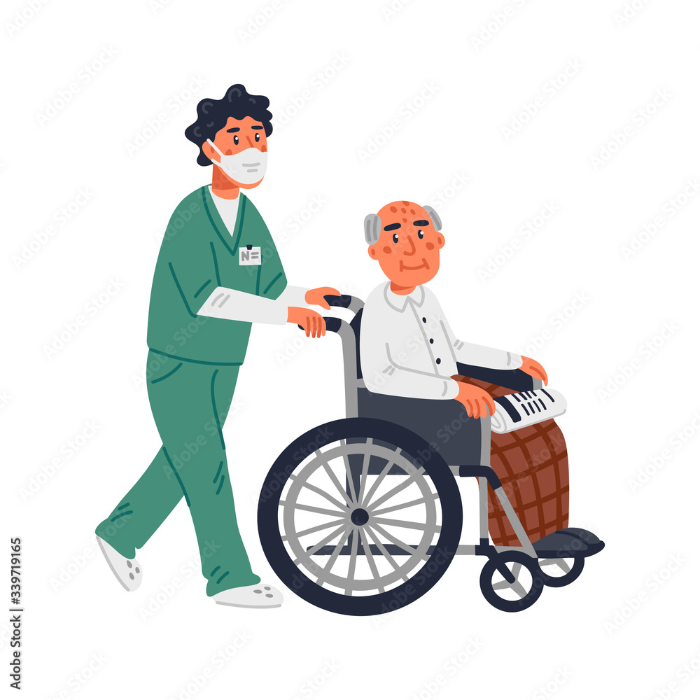Senior patient. An elderly man in a wheelchair and male nurse in a face mask on a white background. Senior people protection, stay safe concept. Simple flat vector illustration. Senior patient. An elderly man in a wheelchair and male nurse in a face mask on a white background. Senior people protection, stay safe concept. Simple flat vector illustration.