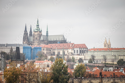 Panorama of the Old Town of Prague, Czech Republic, with a focus on Hradcany hill and the Prague Castle with the St Vitus Cathedral (Prazsky hill) seen from the Vltava river. 