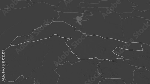 Kwara, state with its capital, zoomed and extruded on the bilevel map of Nigeria in the conformal Stereographic projection. Animation 3D photo