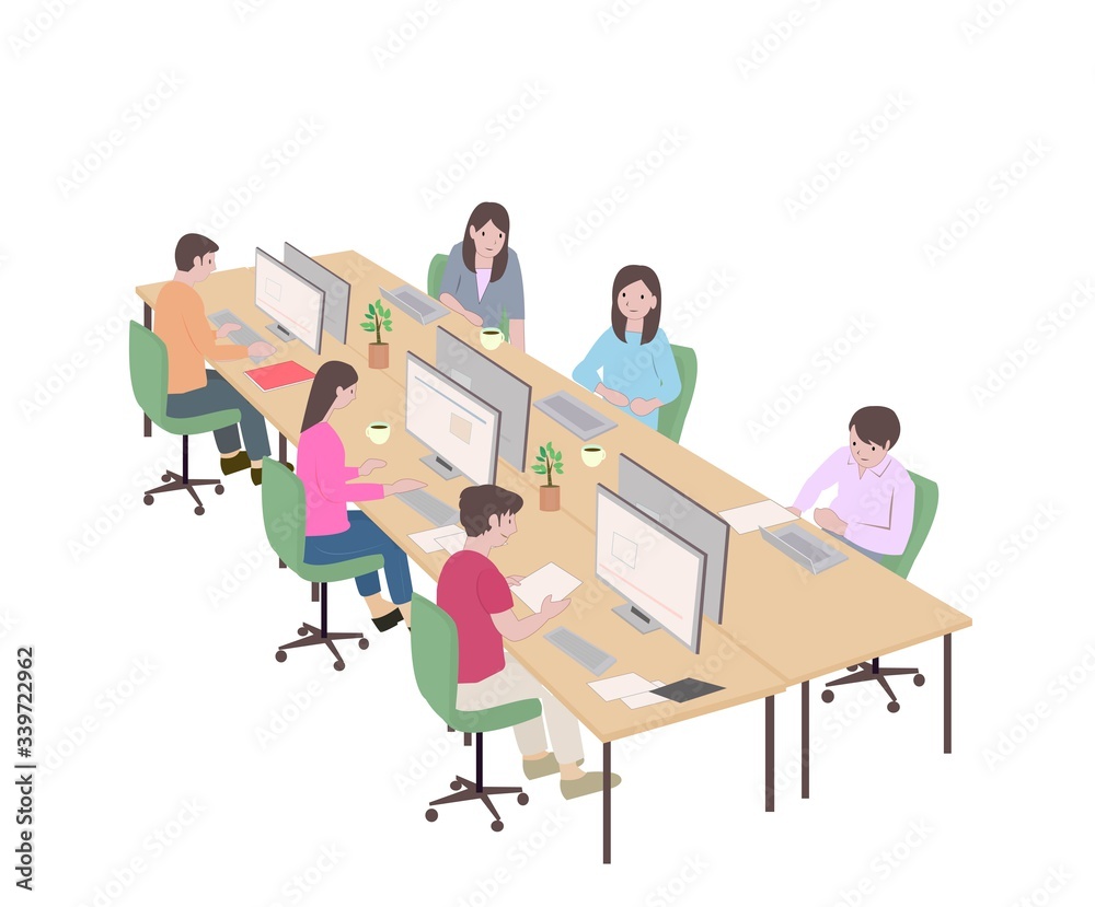 Illustration of crowded office. Social distance.