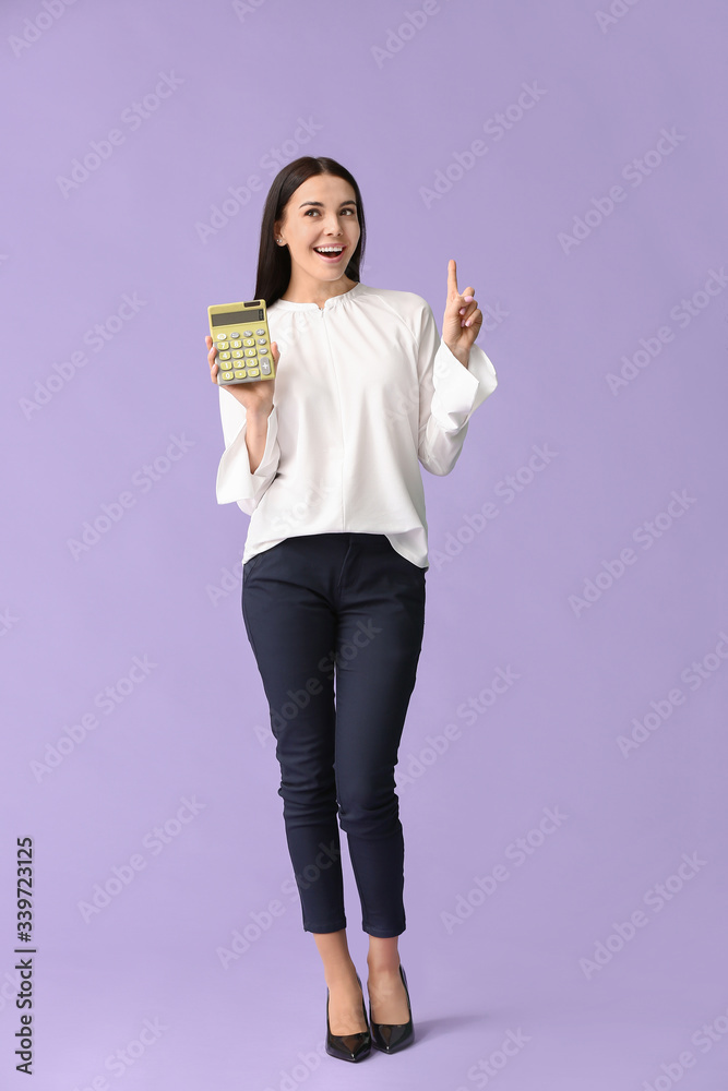 Young woman with calculator and raised index finger on color background Young woman with calculator and raised index finger on color background