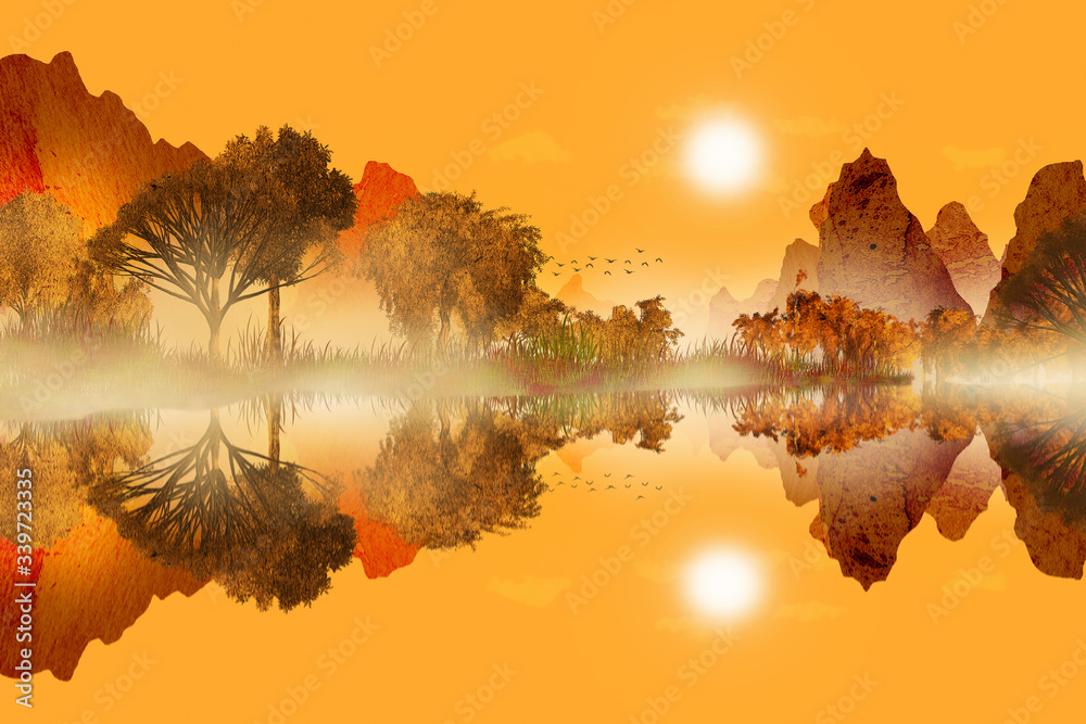 Tropical landscape by red sunset