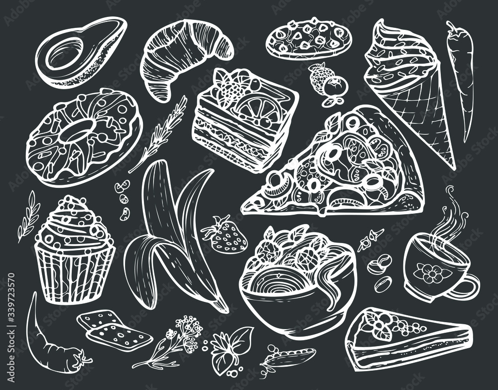 Funny set of popular different food made in doodle style. Perfect for decorating menus, various posts on social networks and as stickers. High resolution Funny set of popular different food made in doodle style. Perfect for decorating menus, various posts on social networks and as stickers. High resolution