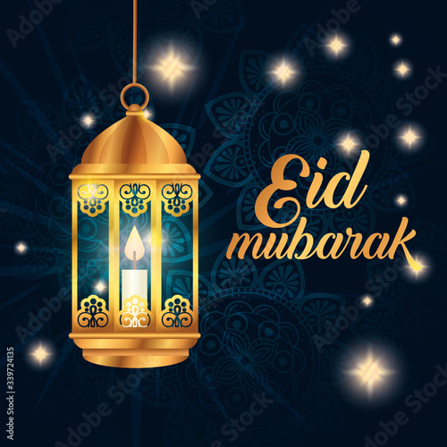 eid mubarak poster with lantern hanging and decoration vector illustration design