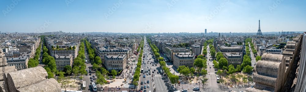 Panoramic View from Arc de Triomphe South East to Sacre Coeur, Louvre Palace and Tour Eiffel, Paris/France