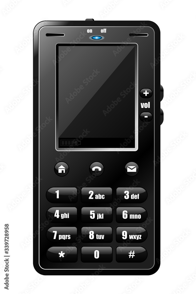 Vector drawing of a brandless black mobile phone from the early 2000s. Vector drawing of a brandless black mobile phone from the early 2000s.