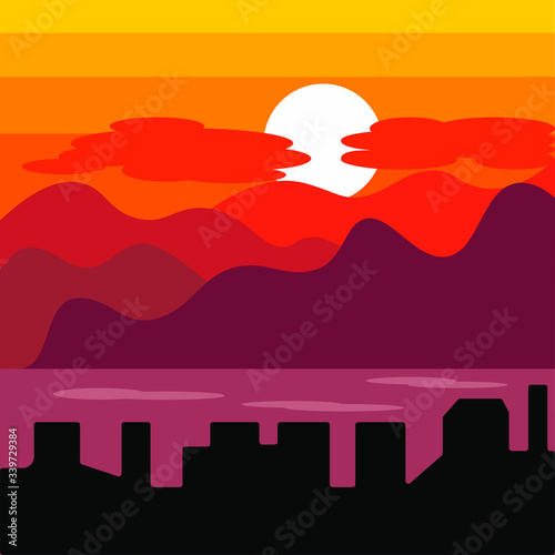 city sunset, sea, town. For printing art, wallpaper, prints for t-shirts or clothes. For home decoration. Vector illustration eps 10