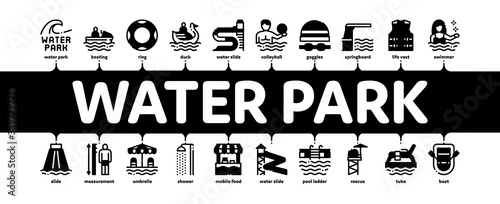 Water Park Attraction Minimal Infographic Web Banner Vector. Swimming Wear And Equipment, Life Jacket And Lifebuoy, Boat And Water Park Pool Illustrations